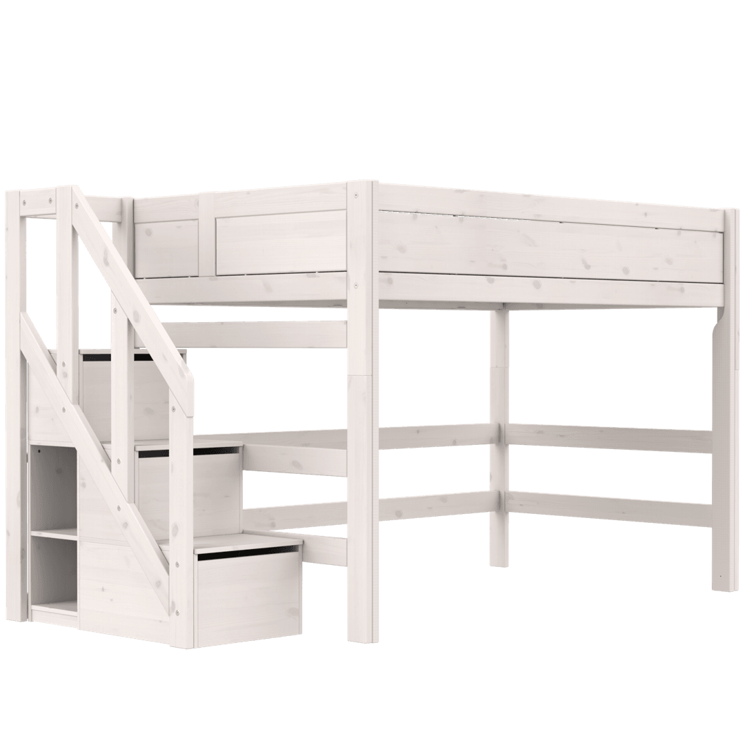 Mittelhohes Kinderbett 120cm breit mit Treppe von LIFETIME - whitewash